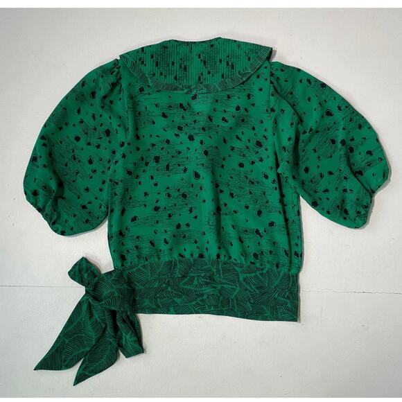 Vintage 80's SUSAN FREIS Green Puff Sleeve Patterned Top / Sz XS / Georgette - Picture 2 of 8
